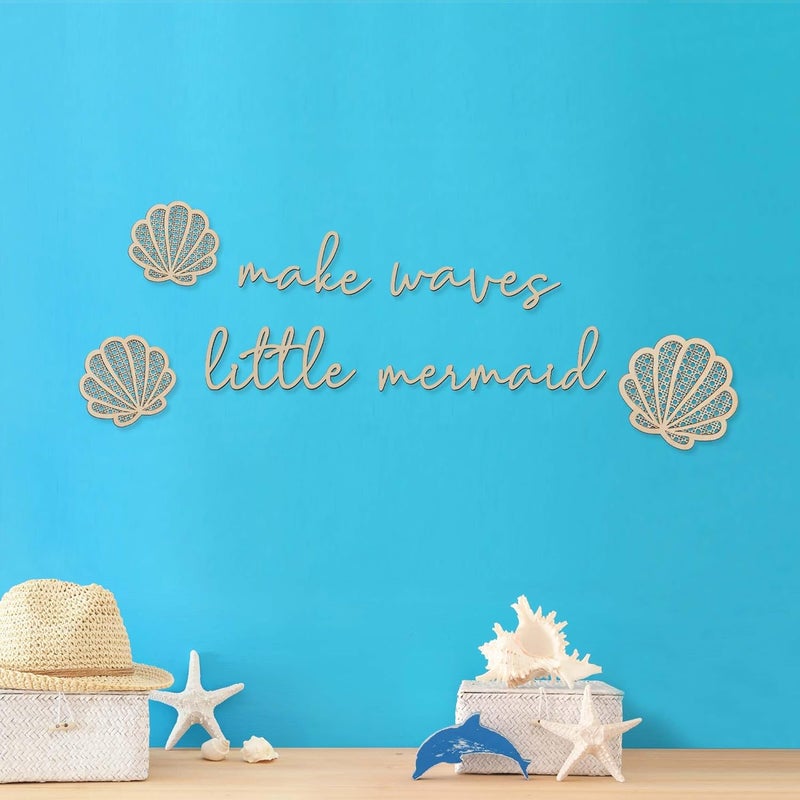 Aimery Store Make Waves Little Mermaid Wall Decor, Artistic Mermaid Room Decor for Girls, Wooden Nursery Wall Decorations, Elegant Shells and Boho Wall Art for Girl Bedroom, Living Room - Image 3